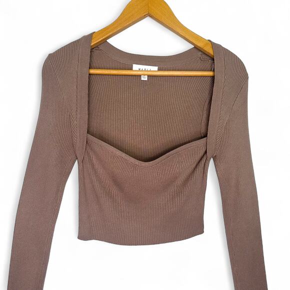 Mable Women's Sweetheart Cropped Sweater Size M Taupe Brown Long Sleeve Ribbed - Picture 8 of 8